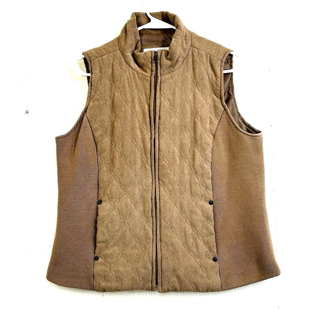 Relativity Women's Caramel Brown Full-Zip Vest Size L Pockets Stretch Ribbed